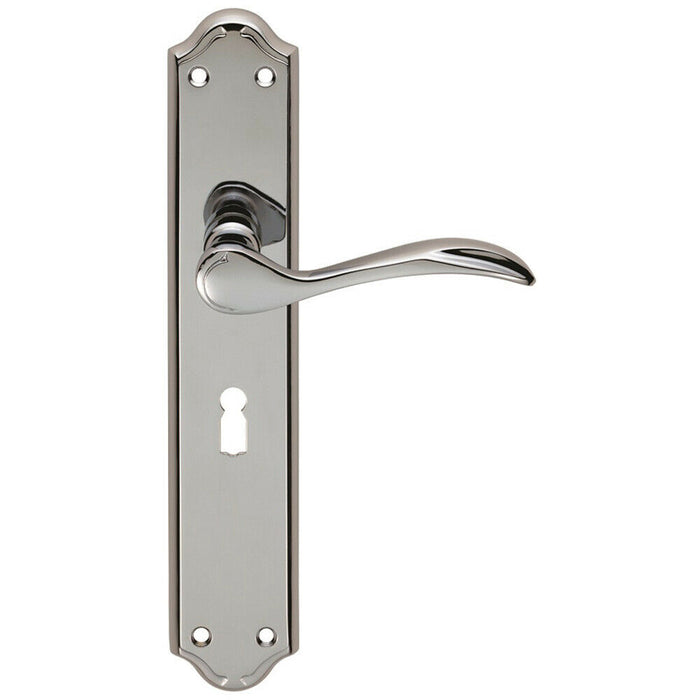 PAIR Curved Handle on Long Lock Backplate 245 x 45mm Polished Chrome Loops