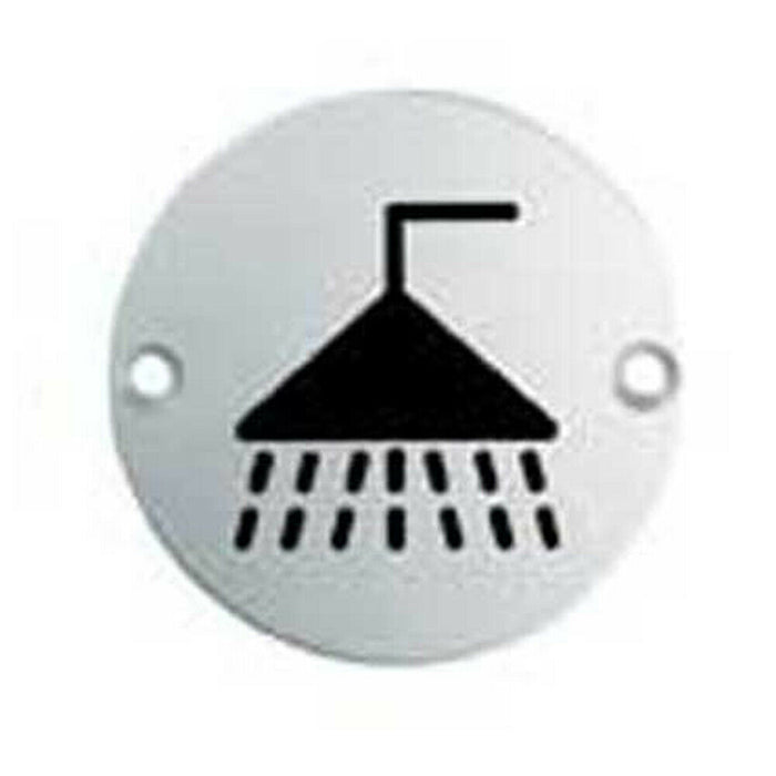 Bathroom Door Shower Symbol Sign 64mm Fixing Centres 76mm Dia Satin Steel Loops