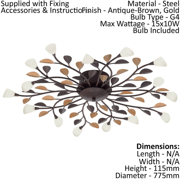 Flush Ceiling Light Antique Brown Gold Shade White Glass Chalked Bulb G4 15x10W Loops