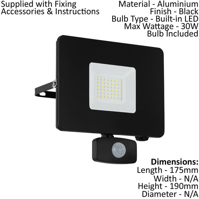 IP44 Outdoor Flood Light & PIR Sensor Black Aluminium 30W Built in LED Loops
