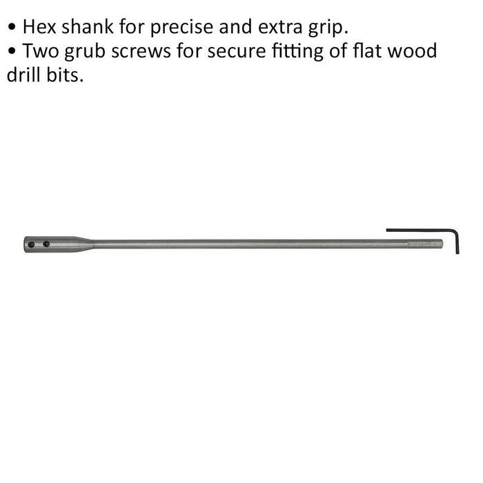 300mm Flat Wood Bit Extension - Hex Shank - Two Grub Screws - Allen Key Loops