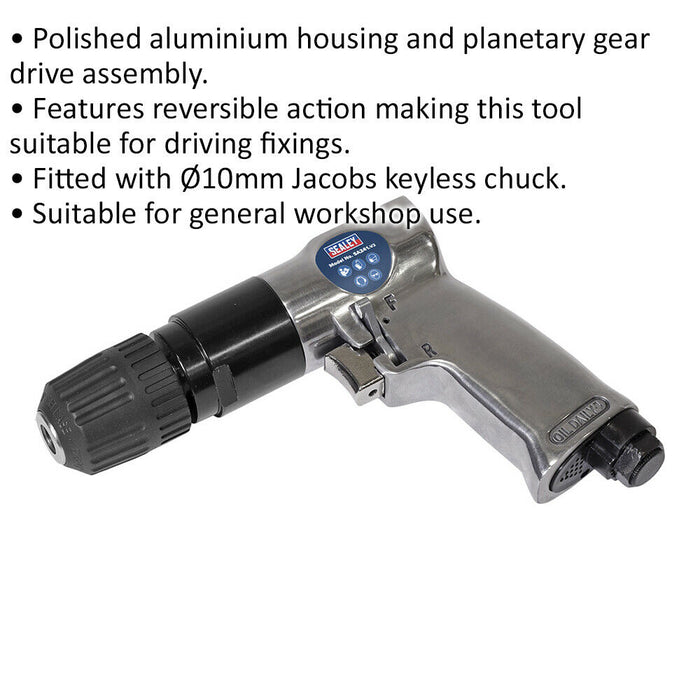 Reversible Air Drill with 10mm Keyless Chuck - 1/4" BSP Inlet - 1800 RPM Loops