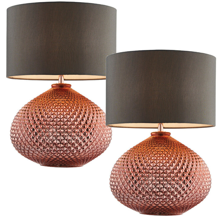 2 PACK Modern Textured Table Lamp Copper Glass Base & Grey Shade Bedside Light Loops
