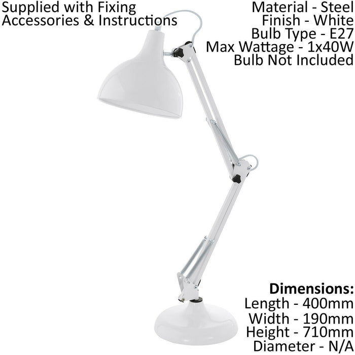Table Desk Lamp Adjustable Colour White Flexible In Line Switch Bulb E27 1x40W Loops