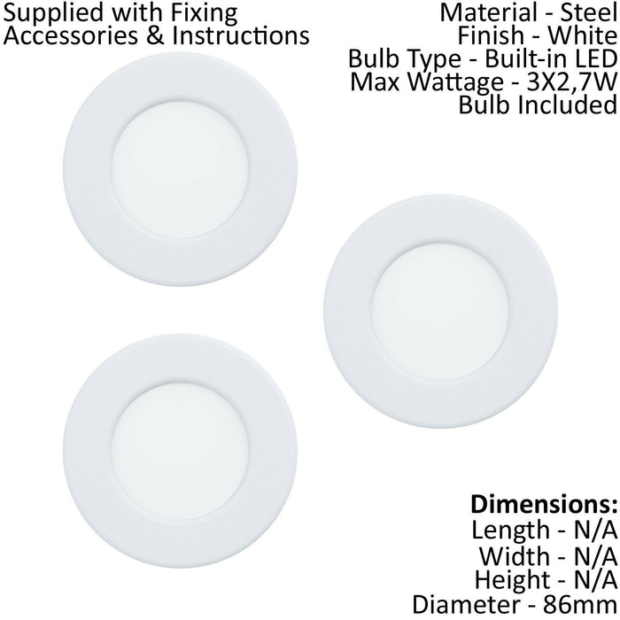 3 PACK Flush Ceiling Downlight White Steel 2.7W Built in LED 85mm 3000K Loops