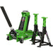 Twin Piston Hydraulic Trolley Jack & 2 Axle Stand Kit - Safety Overload - Green Loops