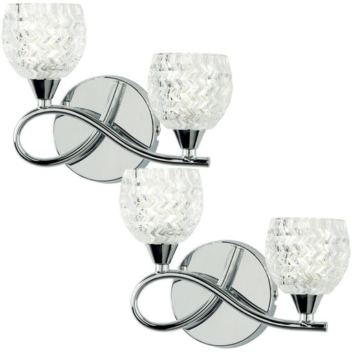 2 PACK LED Twin Wall Light Twisted Chrome Arm Glass Pattern Shade Dimming Lamp Loops