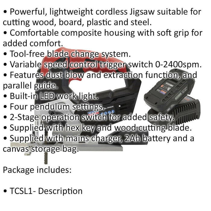 20V Cordless Jigsaw Kit - Variable Speed Control - Includes Battery & Charger Loops