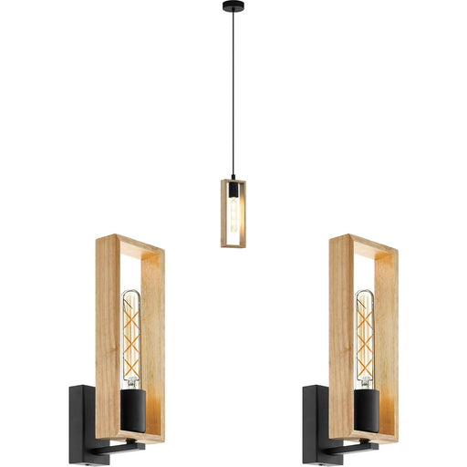 Ceiling Pendant Light & 2x Matching Wall Lights Black & Wood Box Modern Shade Loops