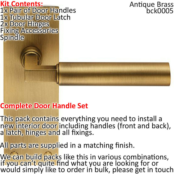 Door Handle & Latch Pack Antique Brass Straight Round Bar Lever Slim Backplate Loops