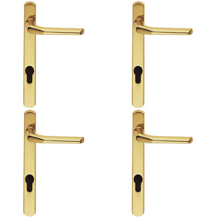 4x Straight Lever Door Handle on Lock Backplate Polished Brass 208mm X 25mm Loops