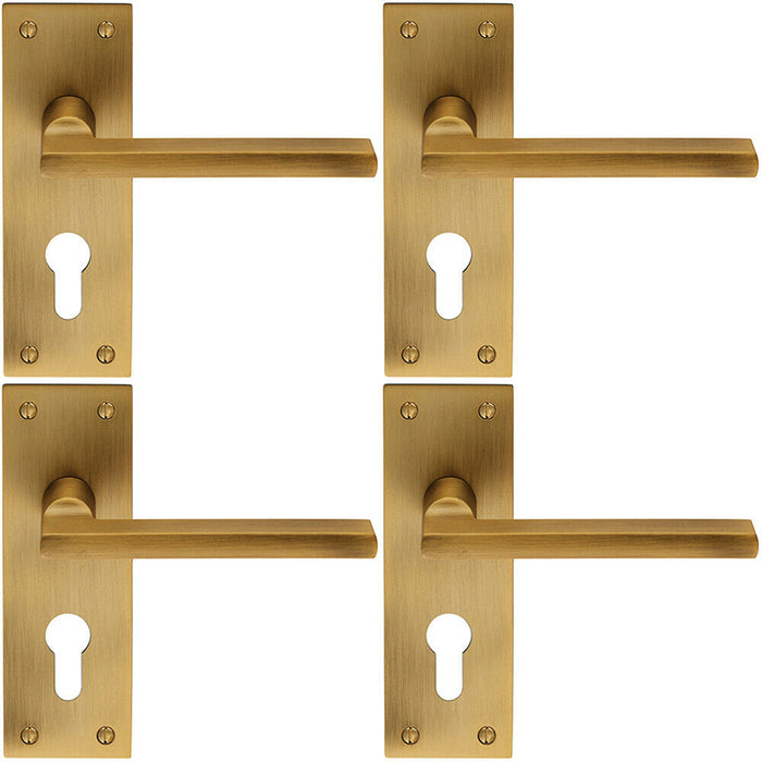 4x PAIR Straight Bar Lever on Slim Euro Lock Backplate 150 x 50mm Antique Brass Loops