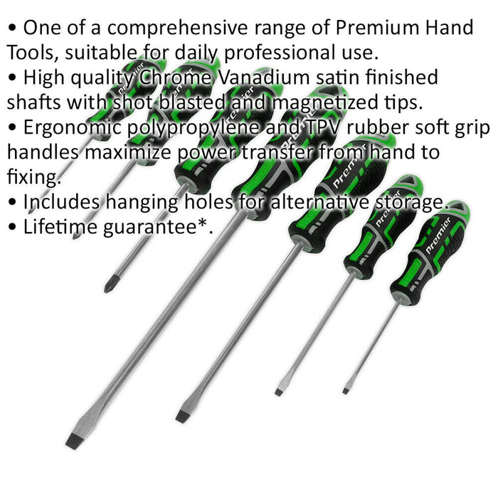 7 PACK Premium Soft Grip Screwdriver Set - Slotted & POZI Various Size GREEN Loops