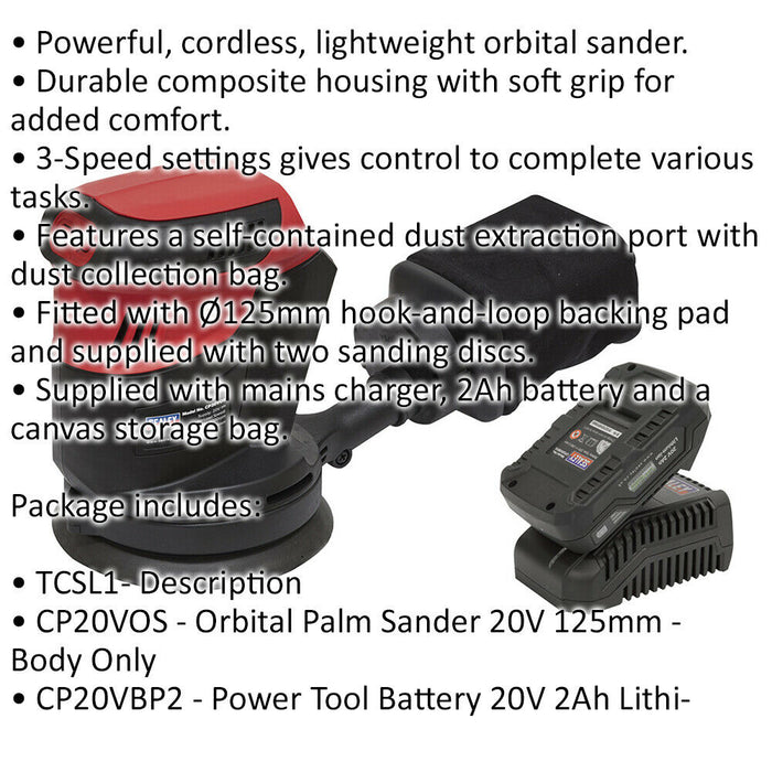 125mm Cordless Orbital Palm Sander Kit - 20V 2Ah Li-Ion Battery Lightweight DIY Loops