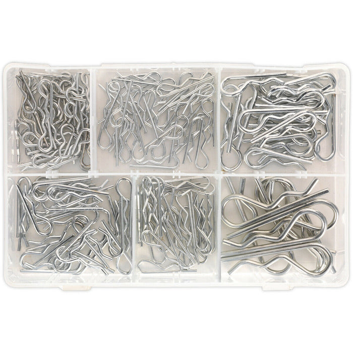 150 Piece R-Clip Assortment - 6 Different Sizes - Partitioned Storage Box Loops