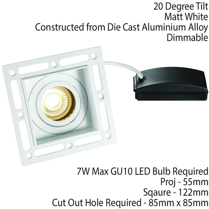 Invisible Plaster Over Square Ceiling Spotlight Matt White Adjustable Angle GU10 Loops