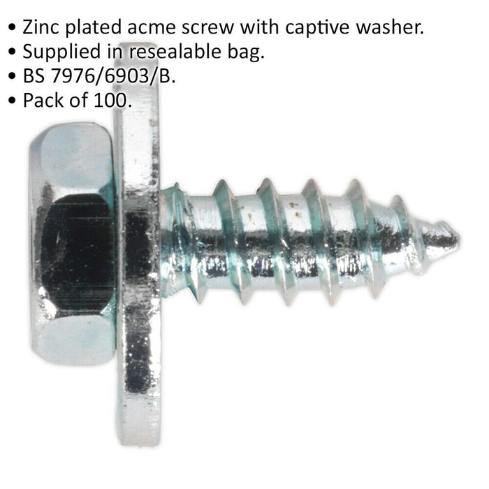 100 PACK M10 x 3/4 Inch Acme Screw with Captive Washer - Zinc Plated Fixings Loops