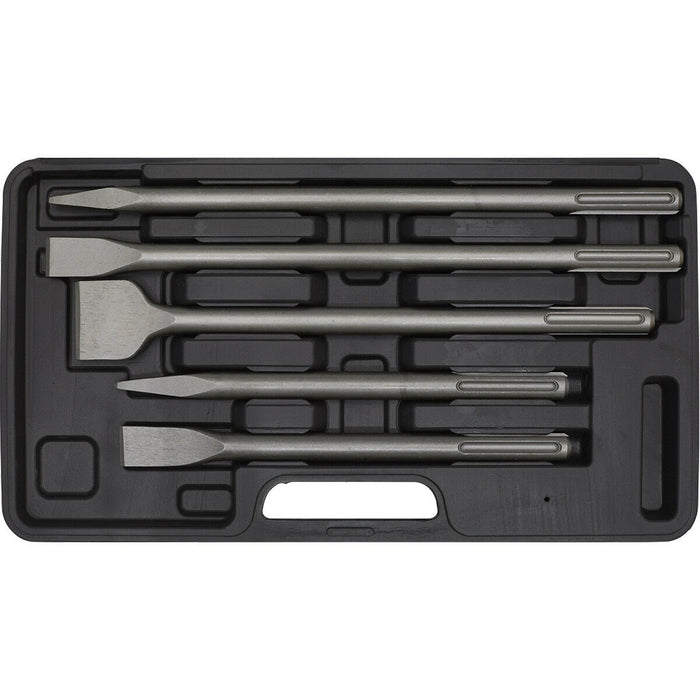5 Piece SDS MAX Demolition Kit - Flat & Pointed Chisels - Sturdy Storage Case Loops