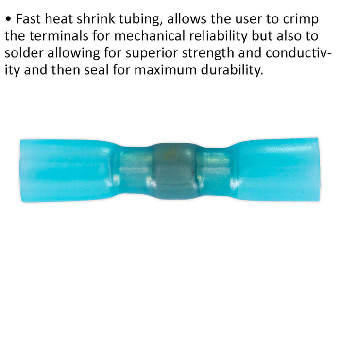 25 PACK Blue Heat Shrink Butt Connector - Crimp and Solder - 16-14 AWG Cable Loops