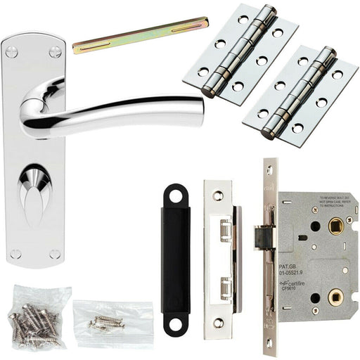 Door Handle & Bathroom Lock Pack Chrome Chunky Tapered Thumb Turn Backplate Loops