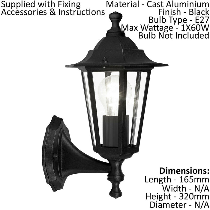 IP44 Outdoor Wall Light Black Aluminium Lantern 1 x 60W E27 Bulb Porch Lamp - LoopsDirect