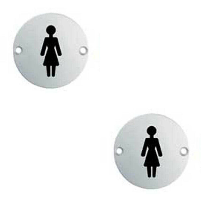 2x Bathroom Door Female Symbol Sign 76mm Diameter Satin Anodised Aluminium Loops