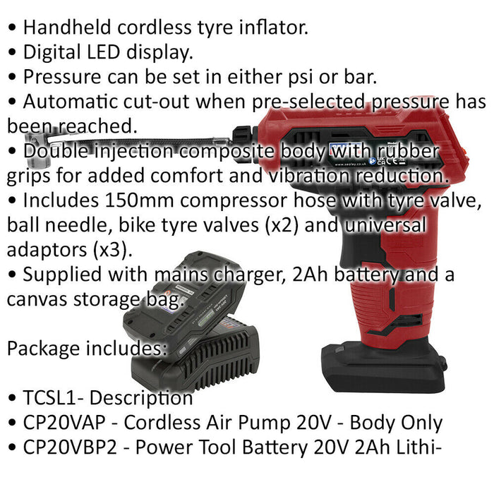 20V Cordless Tyre Inflator Kit - Includes 2Ah Battery & Charger - Storage Bag Loops