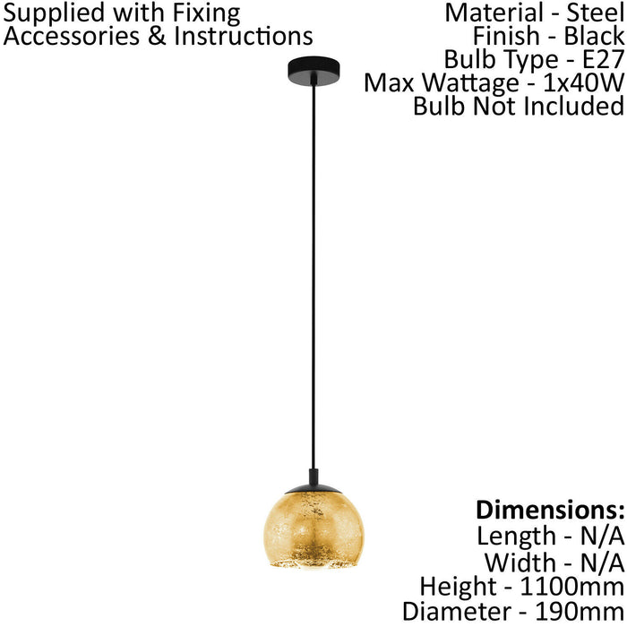 Pendant Ceiling Light Colour Black Shade Gold Color Glass Bulb E27 1x40W Loops