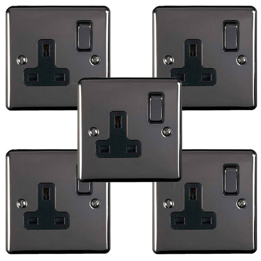 5 PACK 1 Gang Single UK Plug Socket BLACK NICKEL 13A Switched Power Outlet Loops