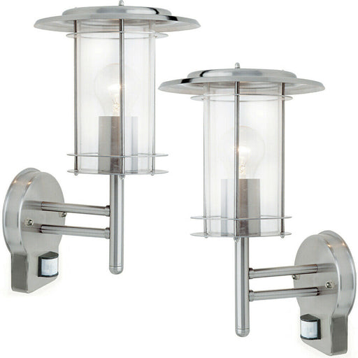 2 PACK IP44 Outdoor Wall Light Stainless Steel Lantern Glass Round PIR Outdoor Loops