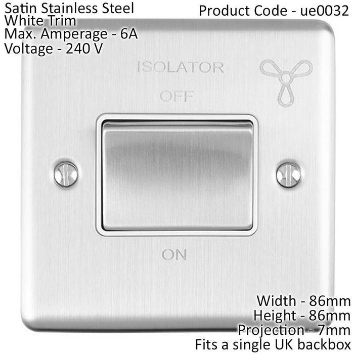 6A Extractor Fan Isolator Switch SATIN STEEL & White Trim 3 Pole Shower Loops