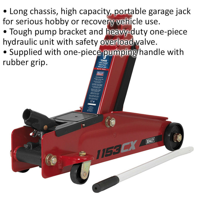 Heavy Duty Long Chassis Trolley Jack - 3000kg Limit - 432mm Max Height - Red Loops