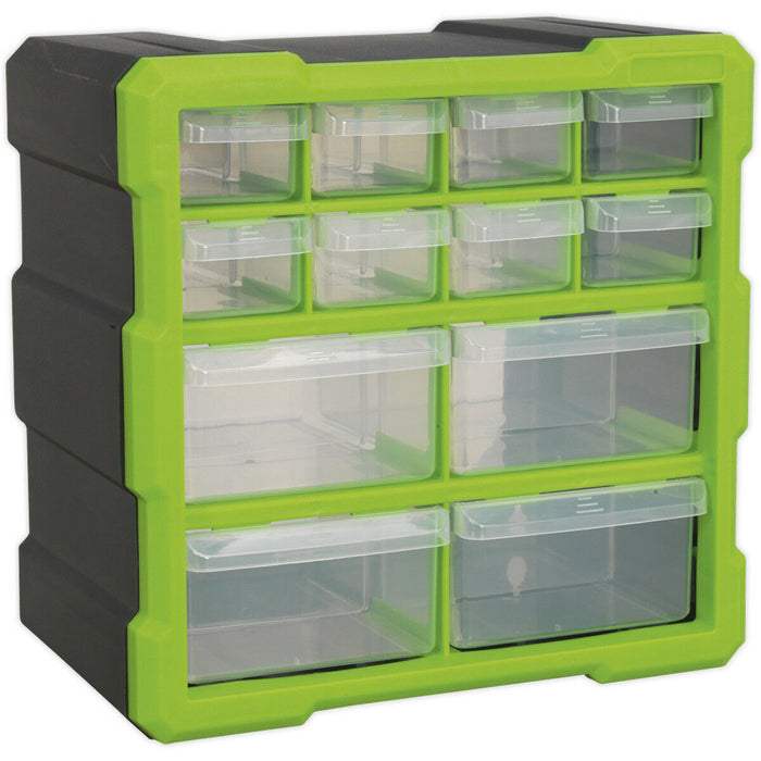 260 x 160 x 265mm 12 Drawer Parts Cabinet - GREEN - Wall Mounted / Standing Box Loops