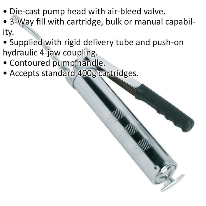 Side Lever Grease Gun - 3-Way Fill - Rigid Delivery Tube - Contoured Pump Handle Loops