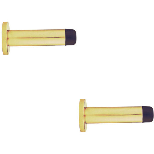 2x Rubber Tipped Doorstop Cylinder with Rose Wall Mounted 83mm Polished Brass Loops