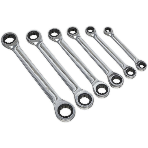 6pc Double Ended Ratchet Ring Spanner / Socket Set - 12 Point Moving Metric Ring Loops