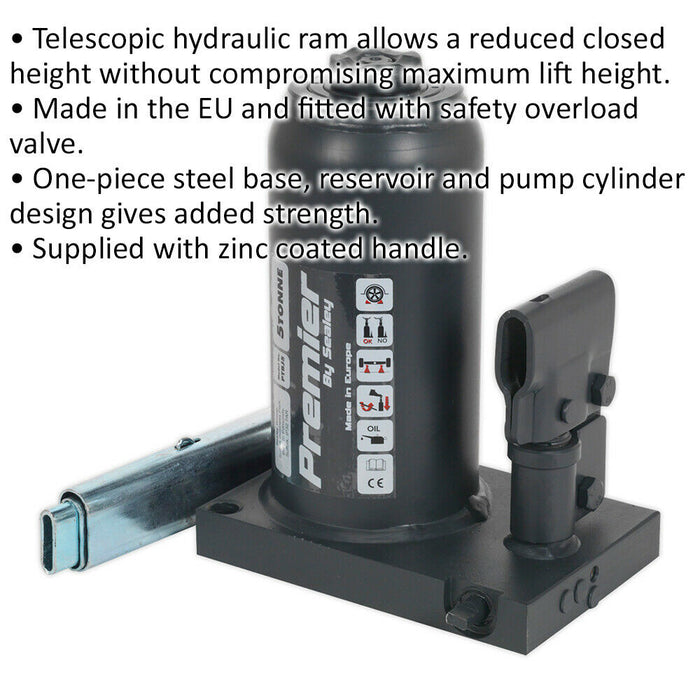 5 Tonne One-Piece Steel Bottle Jack with Telescopic Ram - 515mm Maximum Height Loops