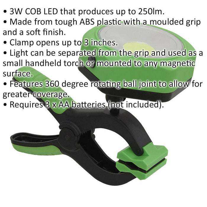 3W COB LED Magnetic Work Lamp & Clamp - Adjustable Head Torch  - Battery Powered Loops