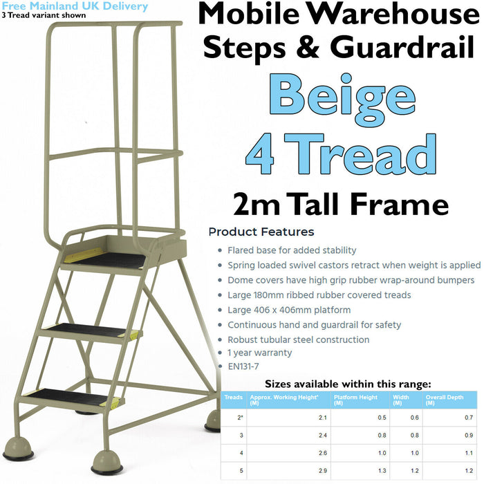 4 Tread Mobile Warehouse Steps & Guardrail BEIGE 2m Portable Safety Stairs Loops