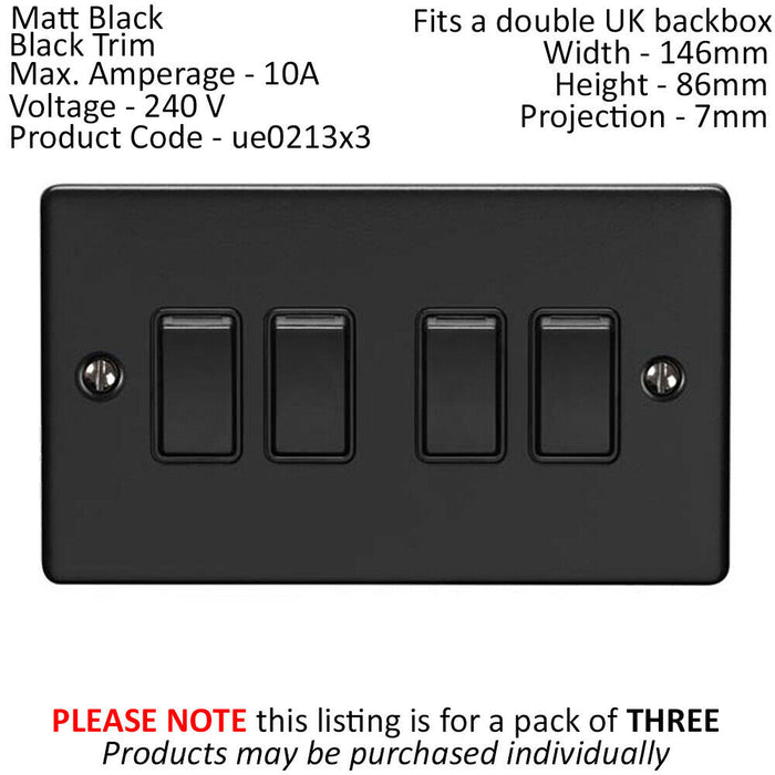 3 PACK 4 Gang Quad Light Switch MATT BLACK 2 Way 10A Black Trim Loops