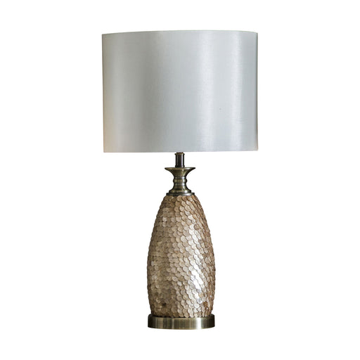 Table Lamp Capiz Detail Antique Brass Plate & Ivory Fabric 10W LED E27 Loops