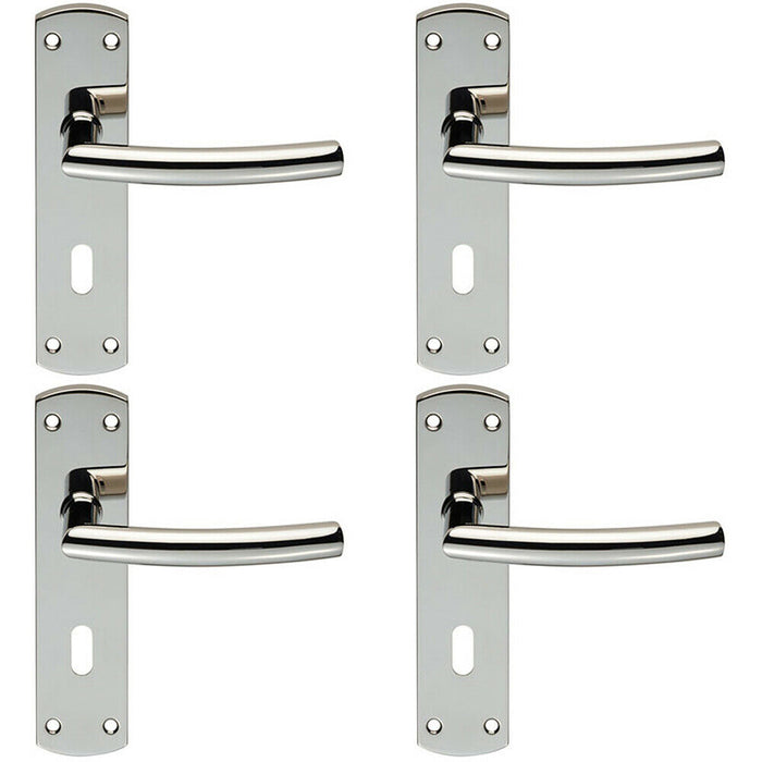 4x Curved Bar Lever Door Handle on Lock Backplate 172 x 44mm Polished Steel Loops