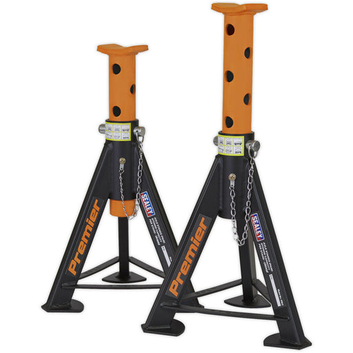 PAIR 6 Tonne Heavy Duty Axle Stands - 369mm to 571mm Adjustable Height - Orange Loops