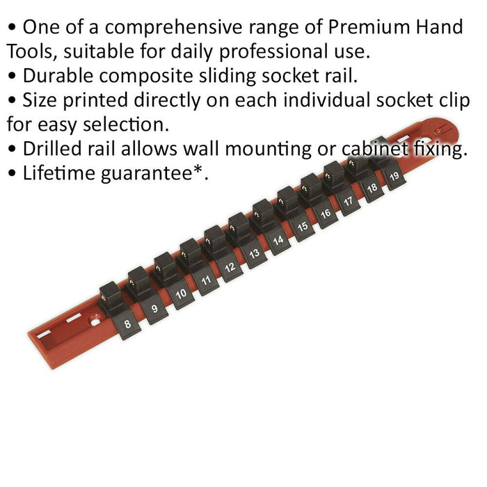 3/8" Square Drive Bit Holder - 12x Socket Capacity - Retaining Rail Clip Storage Loops