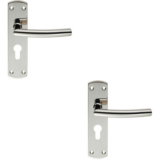 2x Curved Bar Lever Door Handle on Euro Lock Backplate 172 x 44mm Polished Steel Loops