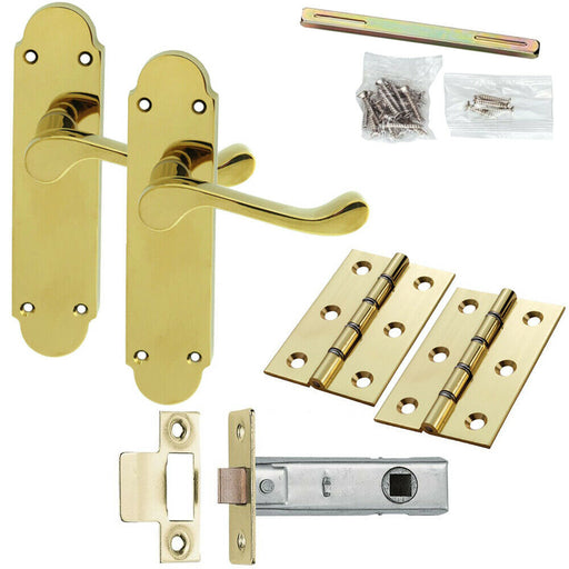 Door Handle & Latch Pack Brass Victorian Upturn Lever Turn Rounded Backplate Loops