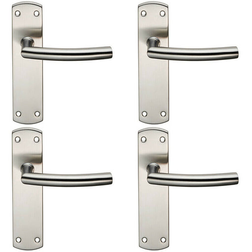 4x Curved Bar Lever Door Handle on Latch Backplate 172 x 44mm Satin Steel Loops