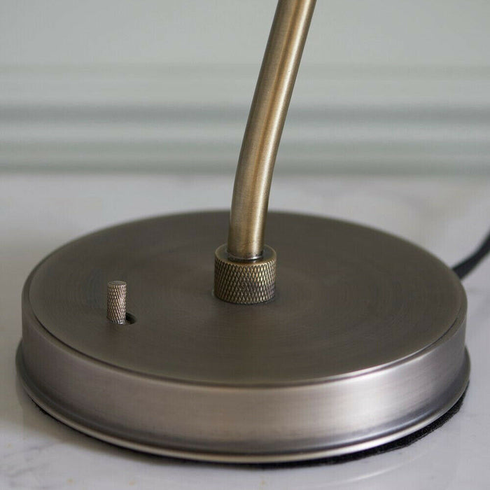 Vintage Curved Table Lamp Antique Brass & Grey Shade Industrial Bedside Light Loops