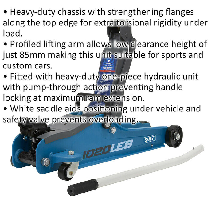 Blue Short Chassis Trolley Jack - 2000kg Limit - 385mm Max Height - Low Entry Loops