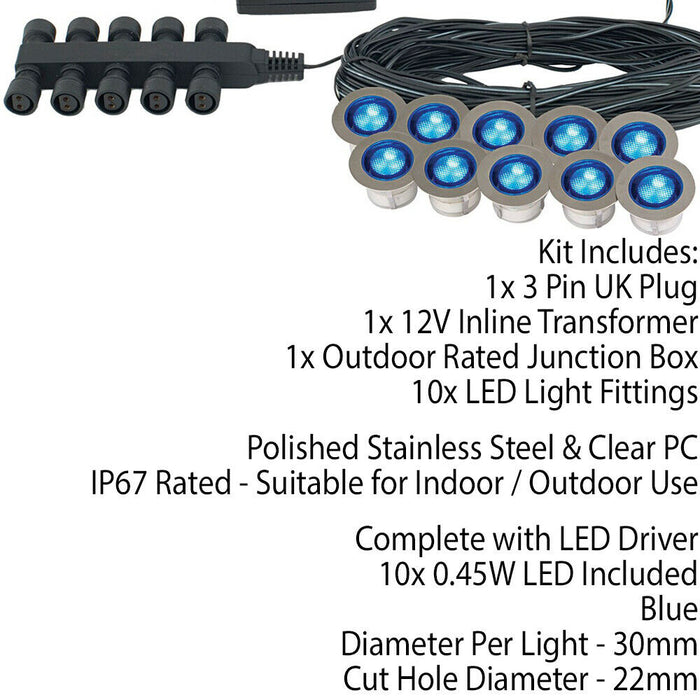 IP67 Decking Plinth Light Kit 10x 0.45W Blue Round Garden Lamps Outdoor Rated Loops